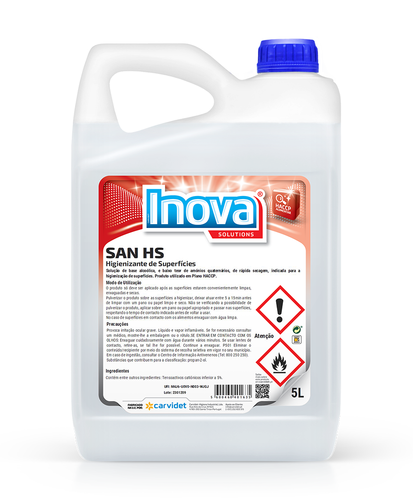 SAN HS, 5 litros: Higienizante de superfícies base alcoólica - INOVA