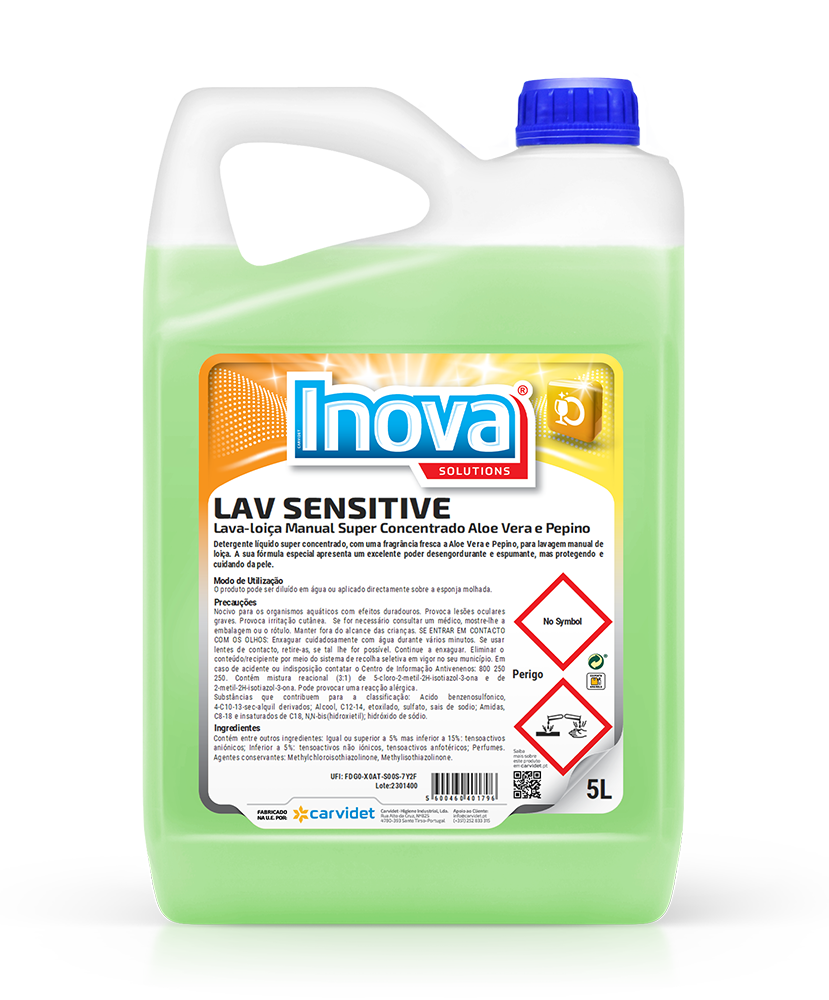 Lav Sensitive, 5 litros: Lava loiça manual ultra concentrado Aloé vera, pepino - INOVA