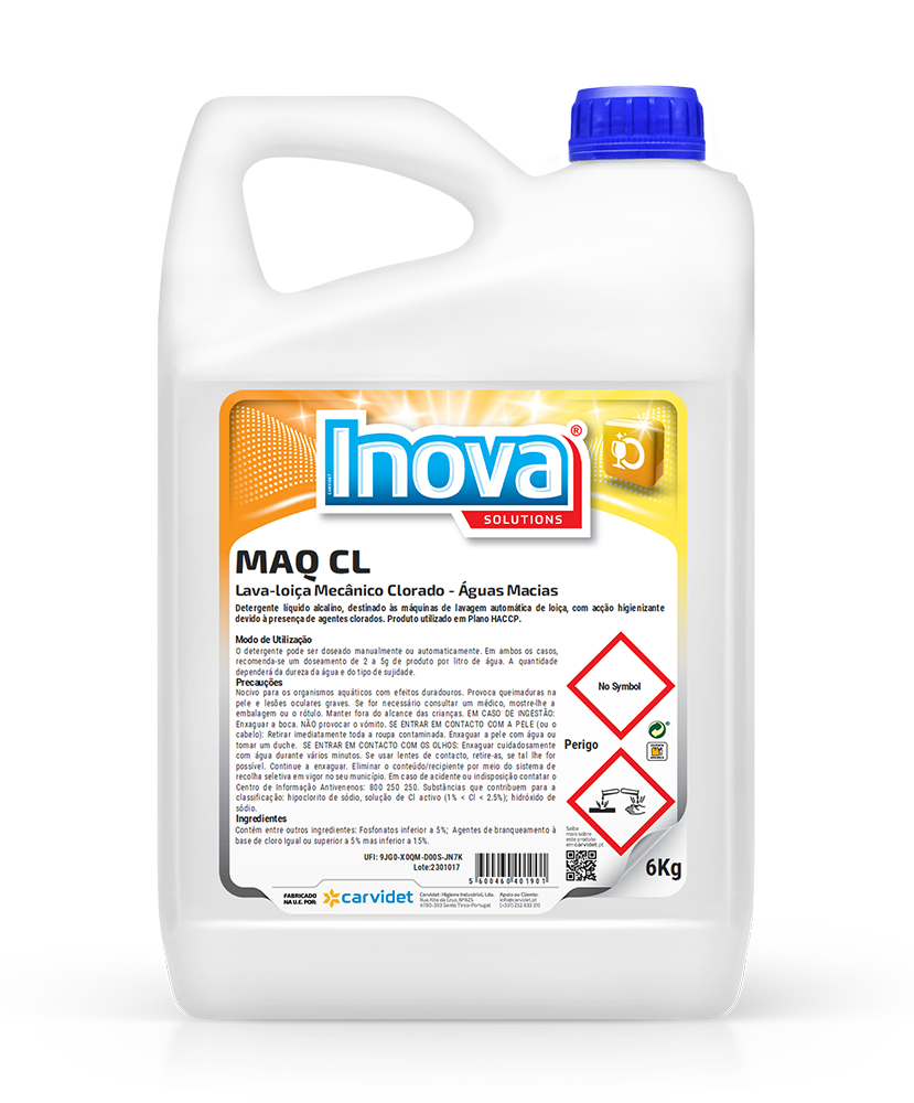 MAQ CL, 5 litros: Detergente clorado para lavagem automática de loiça - Águas macias médias I INOVA