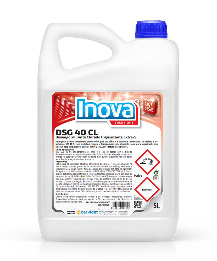 DSG 40 CL, 5 litros: Detergente desengordurante clorado para áreas alimentares e outras