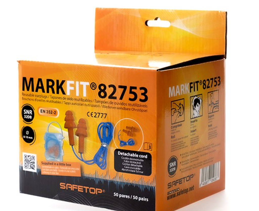 Tampões de proteção p/ ouvidos c/ fio em bolsa individual I cx de 50 pares I SNR 32 DB I SAFETOP