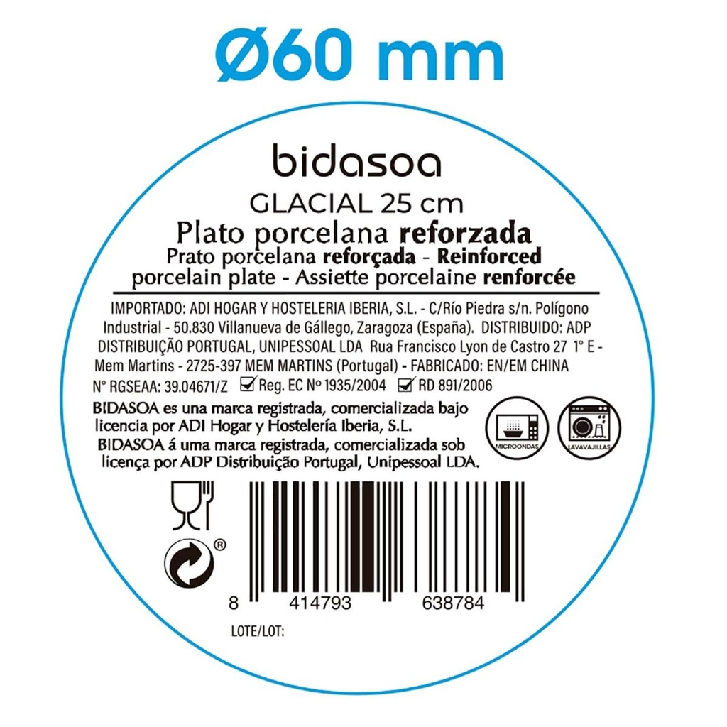 Prato raso 25cm em porcelana, Linha GLACIAL Aba larga - BIDASOA