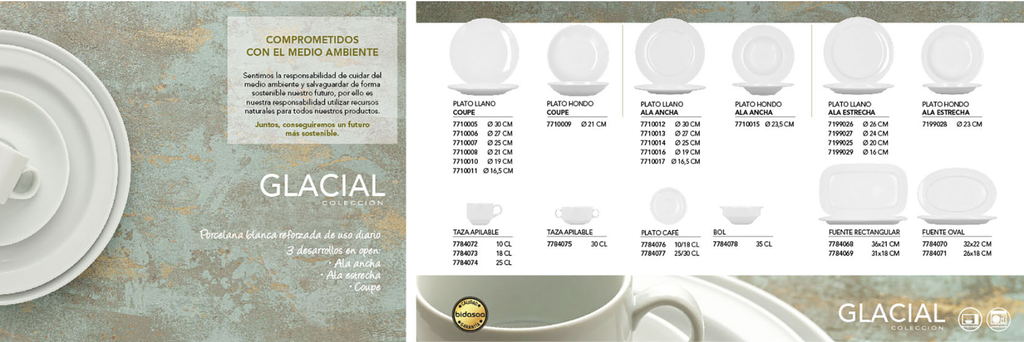 Prato raso 25cm em porcelana, Linha GLACIAL Aba larga - BIDASOA