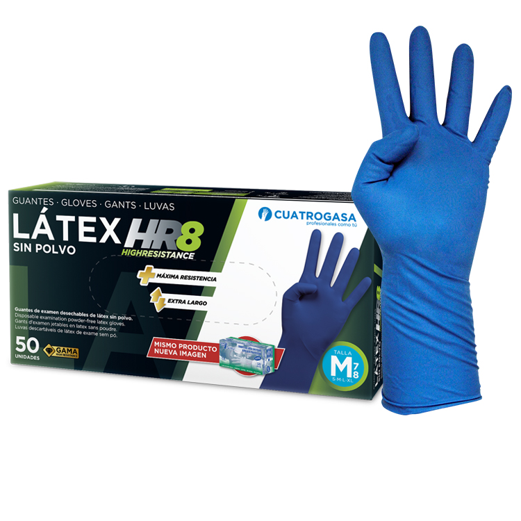 Luvas de Latex HR 8 Cuatrogasa sem pó azul - Tamanho S (Pack 50)