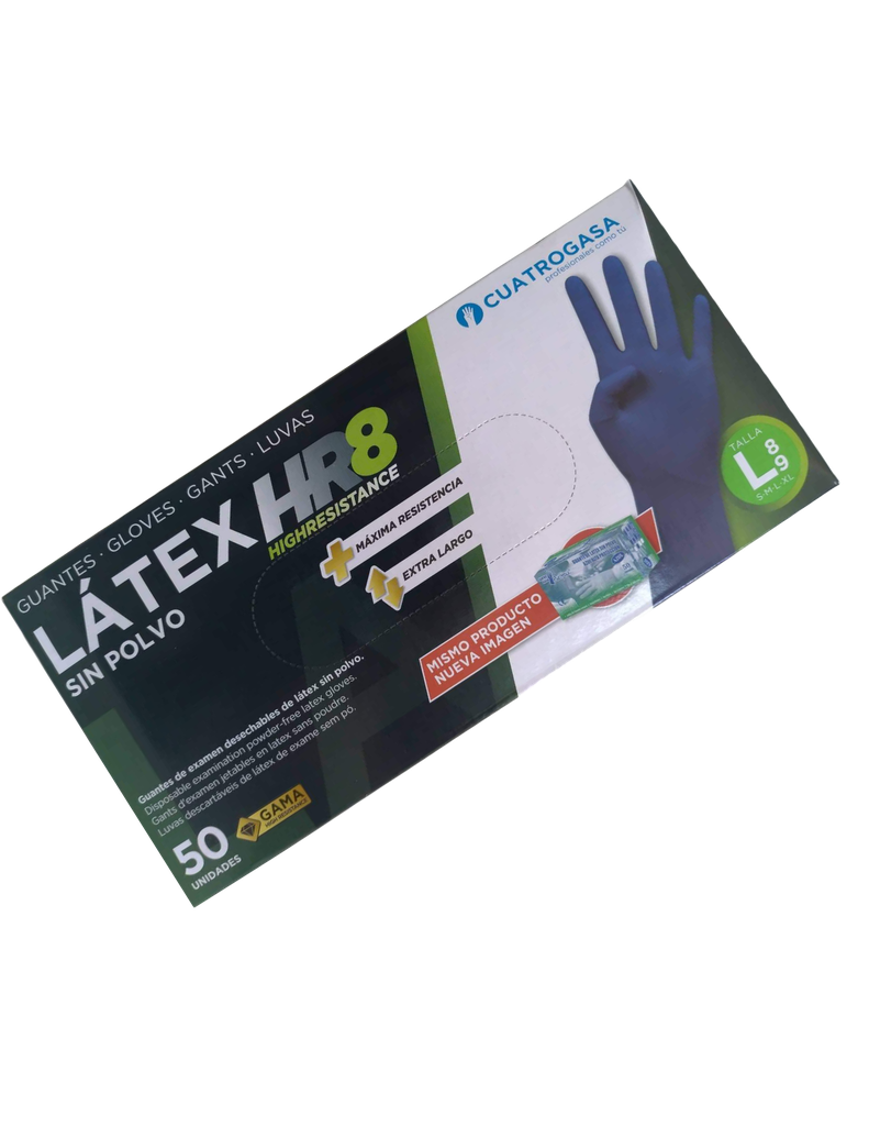 Luvas de Latex HR 8 Cuatrogasa sem pó azul - Tamanho L (Pack 50)