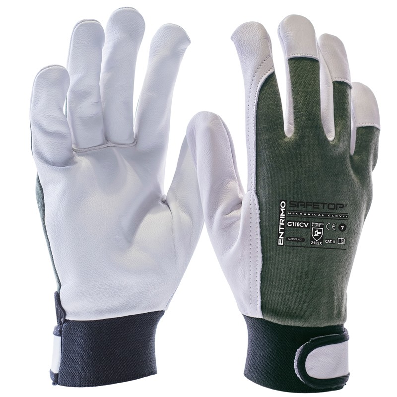Luva em pele e algodão verde I pack de 12 unidades em caixa de 120 pares I modelo: ENTRIMO I SAFETOP