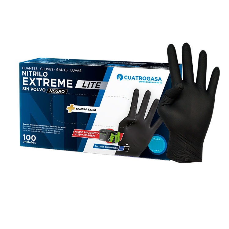 Luvas de Nitrilo Cuatrogasa Extreme Lite Preto, 5,2g - Tamanho L (Pack 100)