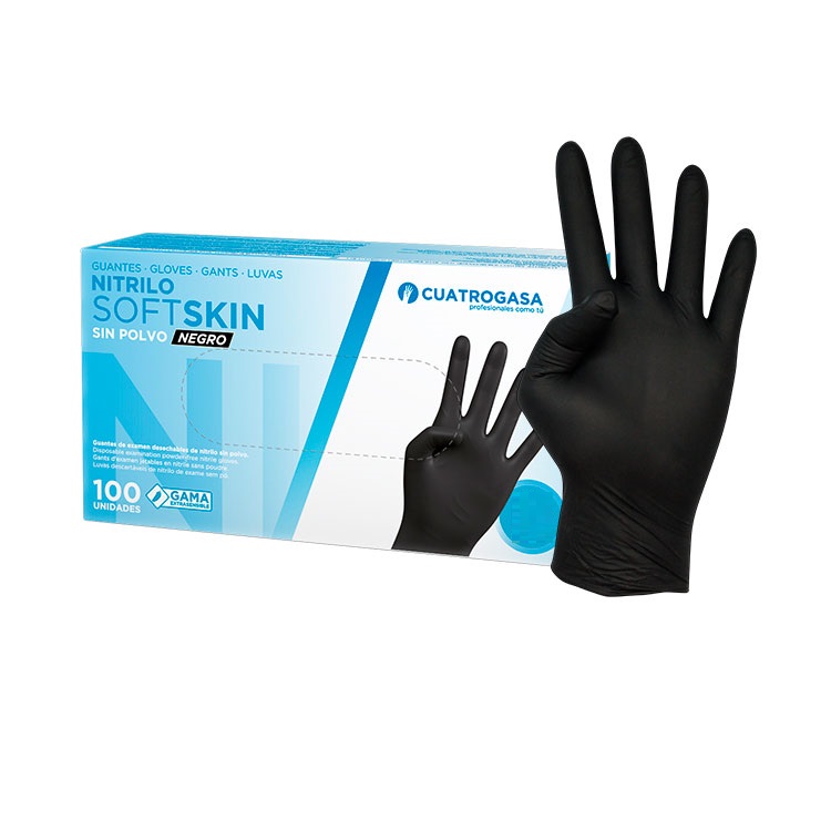 Luvas de Nitrilo Cuatrogasa SoftSkin sem pó Preta 3g - Tamanho XS (Pack 100)