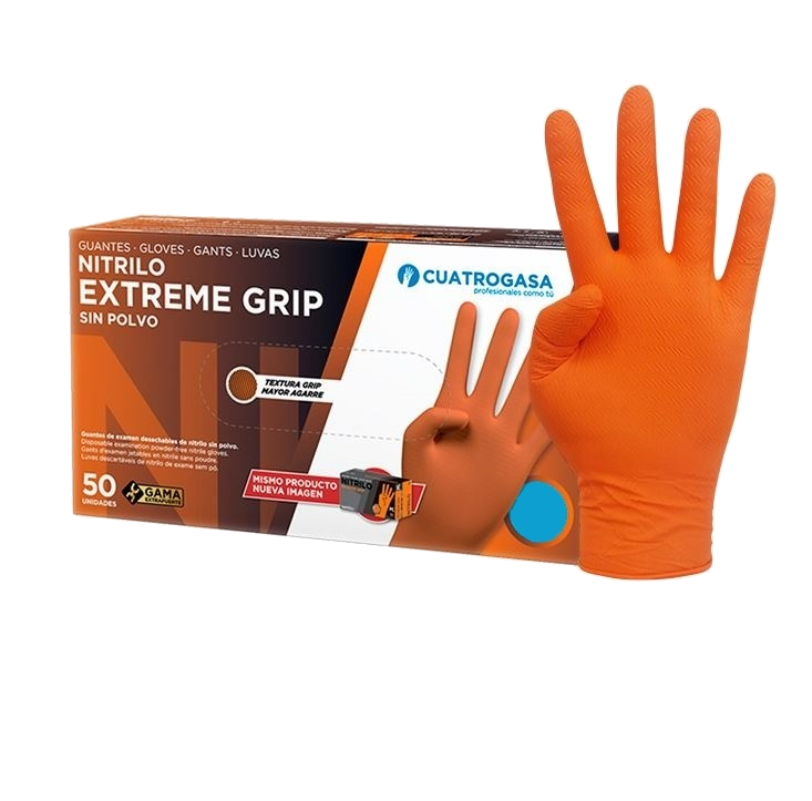 Luvas de Nitrilo Cuatrogasa Extreme Grip Laranjas - Tamanho M (Pack 50)