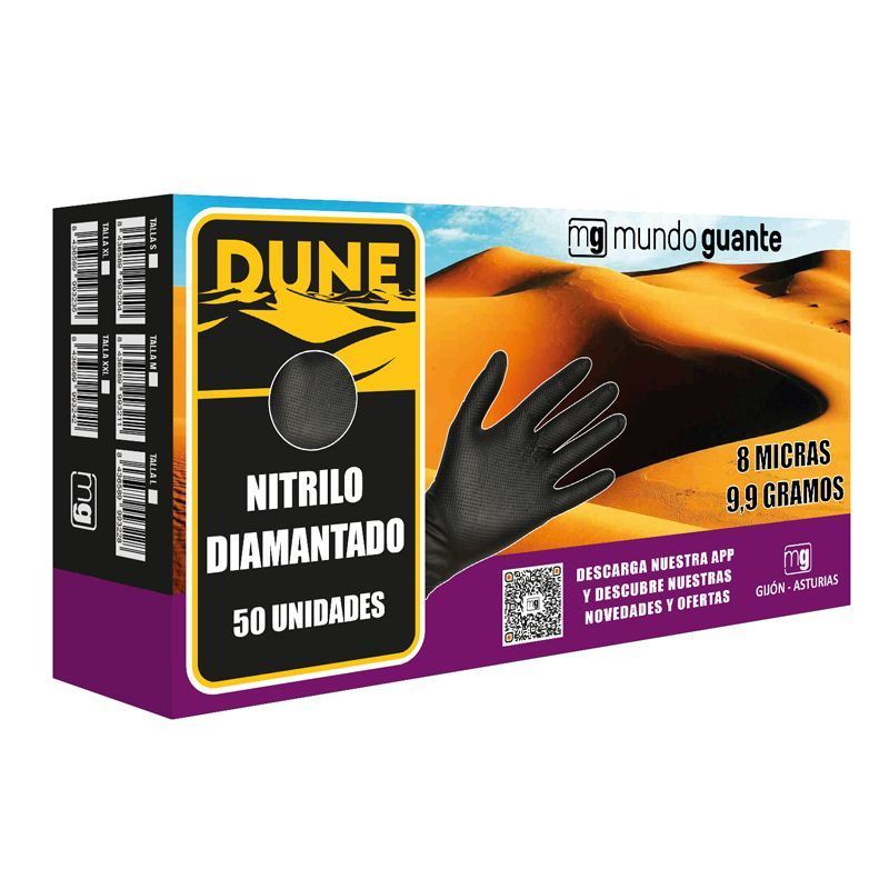 Luvas em nitrilo preto diamantadas I 8 micras 9,5 gramas I modelo: Dune I MUNDOGUANTE (pack 50 unidades) - Tamanho XL