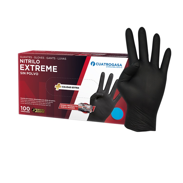 [P1985] Luvas de Nitrilo Cuatrogasa Extreme sem pó Preta 6g - Tamanho L (Pack 100) (S)
