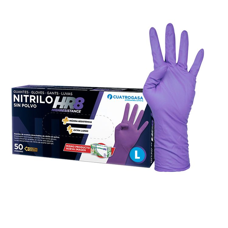 Luvas de nitrilo HR 8 roxa sem pó I 30 cm de comprimento I 11,4 gramas I Cuatrogasa (Pack 50)