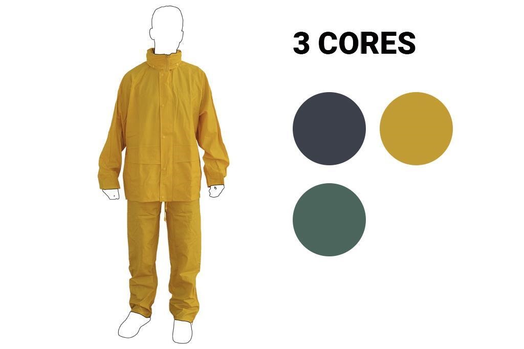 Fato Impermeável | Fabricado em PVC e Poliuretano | Várias Cores | Com dois bolsos e capuz escondido no pescoço - Tamanho M