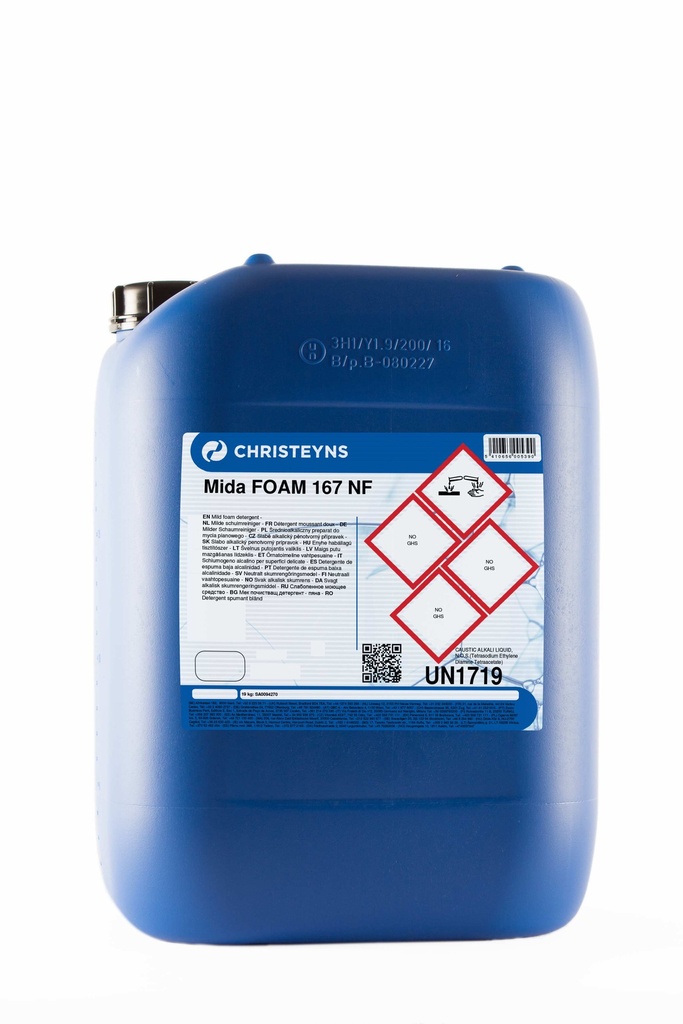 MIDA FOAM 167 NF, 19 kg - OPC - Detergente de aplicação por espuma ou manual de baixa alcalinidade de espuma média indicado para o uso diário na remoção de residuo orgânico. Compatível com ligas leves - 