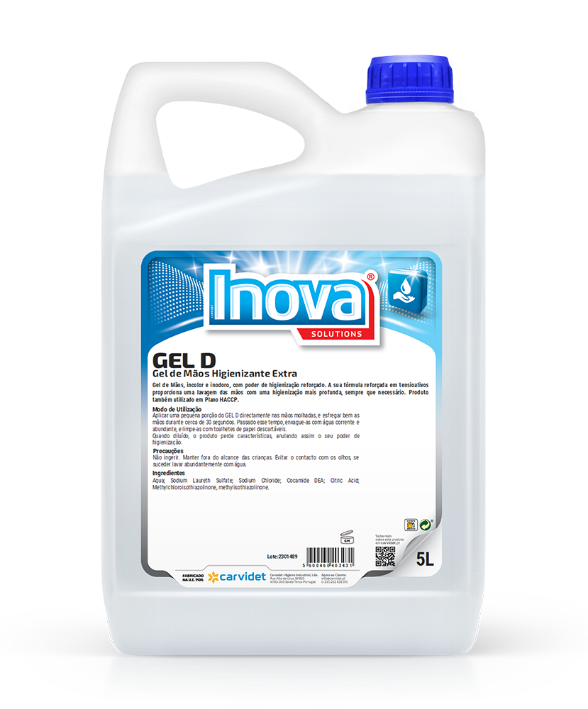 GEL D, 5 litros: Gel de mãos higienizante extra sem odor para desinfeção de mãos I INOVA
