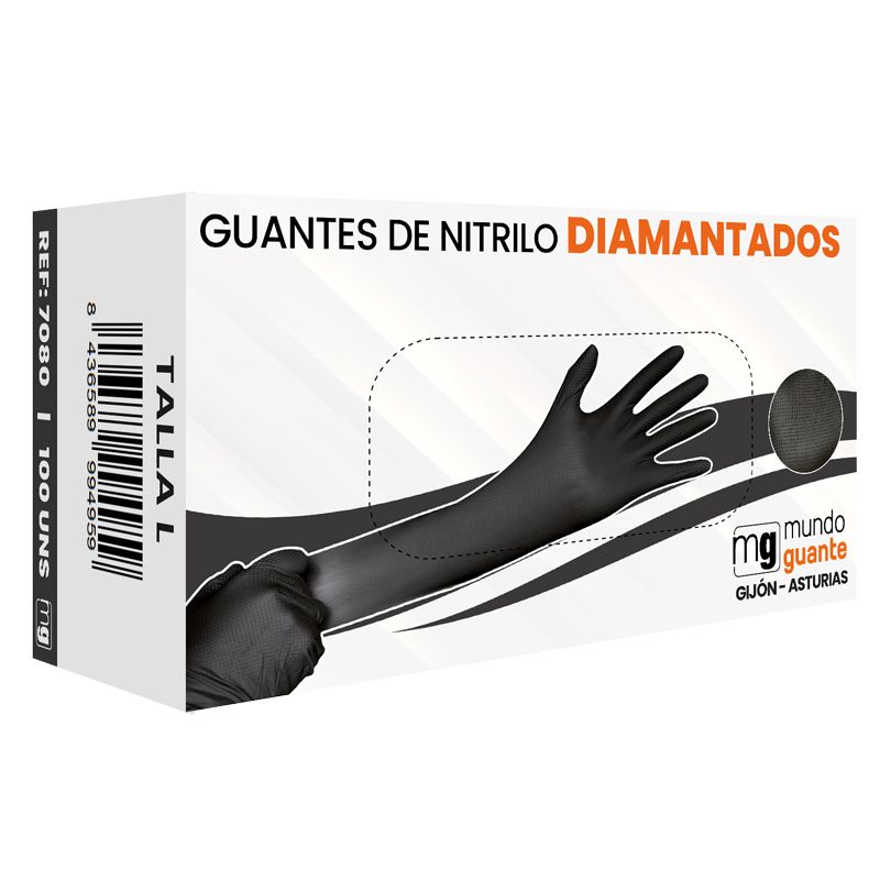 Luvas em nitrilo preto diamantadas, 7 micras 8,5 gramas, modelo Gijón-Asturias I MUNDOGUANTE (pack 100 unidades)