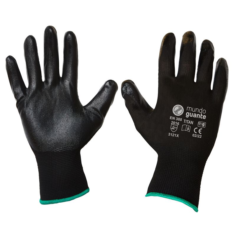 Luvas de suporte poliéster forrada a nitrilo preto, modelo TITAN I MUNDOGUANTE - Tamanho 6 (XS)