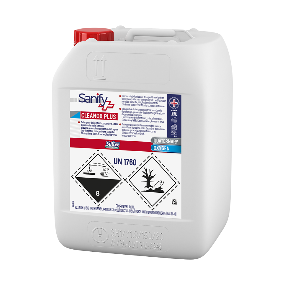 CLEANOX PLUS, 5kg: Detergente desinfetante concentrado à base de peróxido de hidrogênio e sais de amônio quaternário I SUTTER