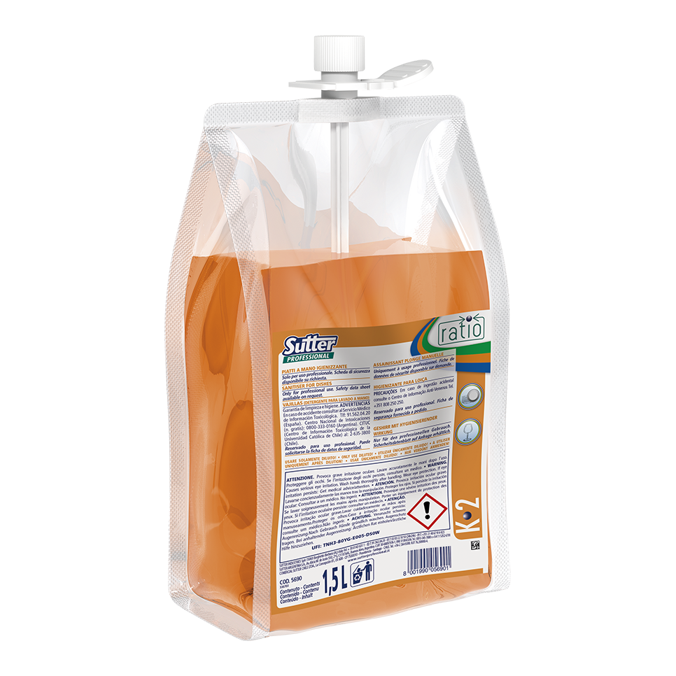 RATIO K-2, 1500ml: Detergente ultraconcentrado higienizante para a lavagem manual da louça | SUTTER