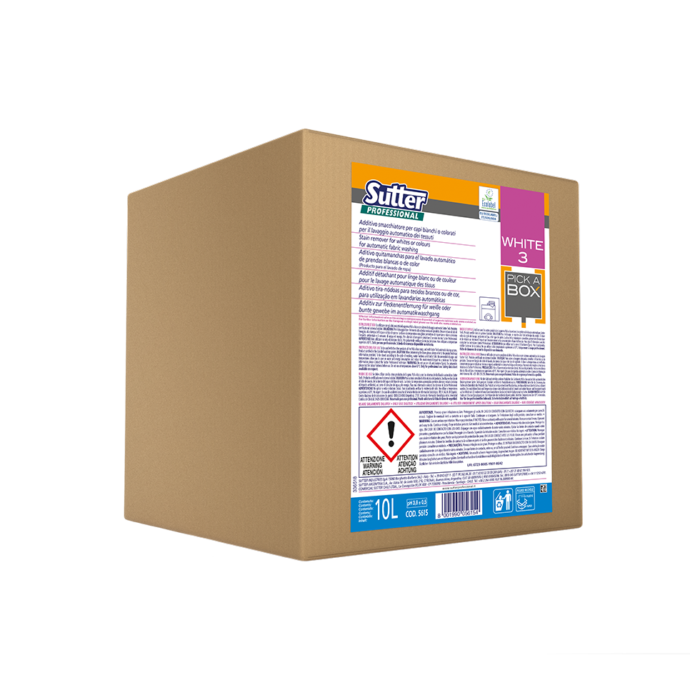WHITE 3: Aditivo tira-nódoas para tecidos brancos ou de cor, para utilização em lavandarias automáticas | SUTTER