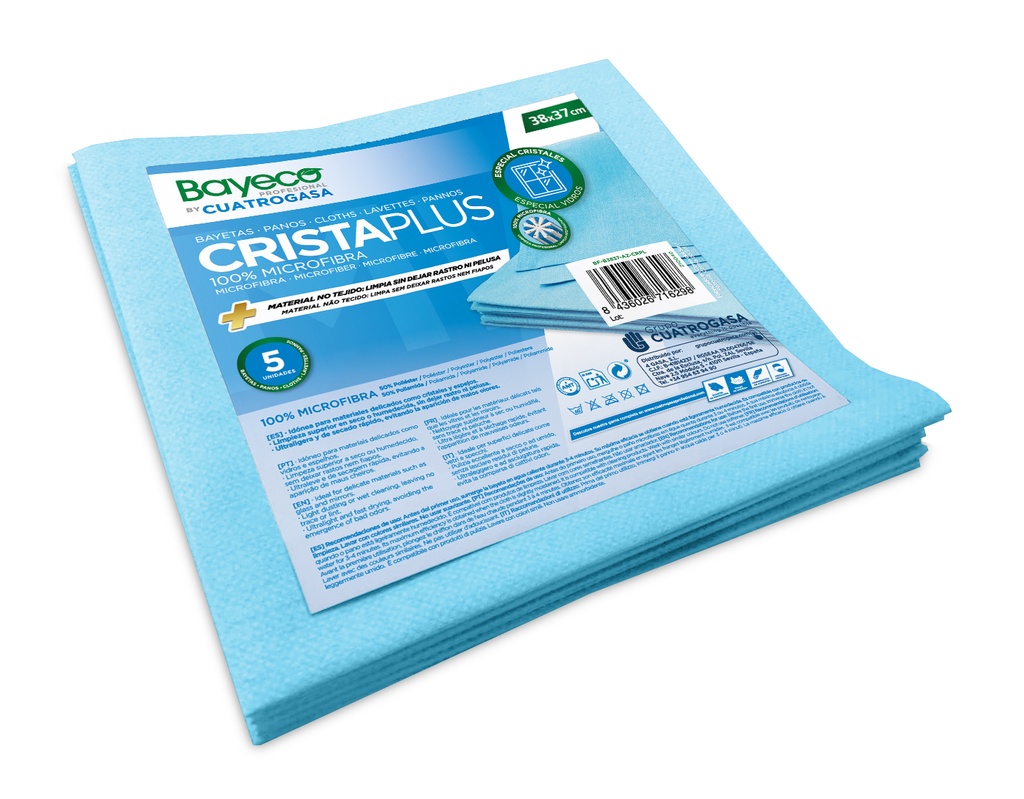 Pano microfibras cristalplus Azul 100gr/m2, Pack 5 unidades - Microfibras para a limpeza de copos